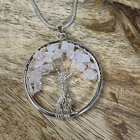 WIRE WRAPPED ROSE QUARTZ TREE OF LIFE PENDANT WITH CHAIN - Picture 3 of 6